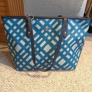 Coach Wild Plaid Large City Zip Top Tote Bag Aqua Blue 68410E